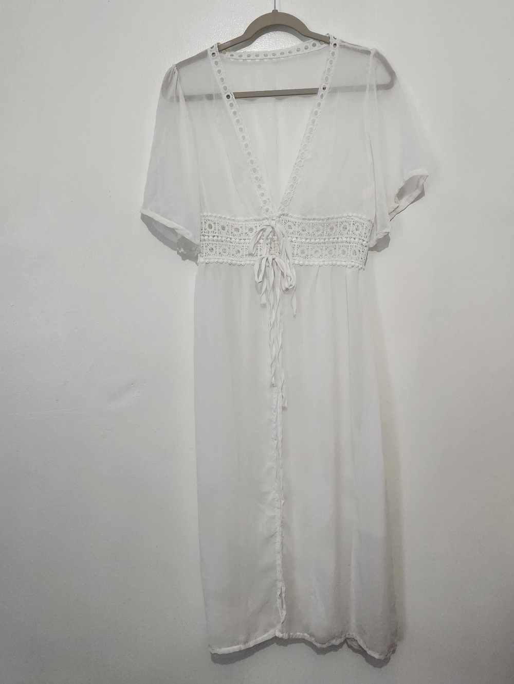 Long White Sheer Lace Duster Cardigan Large Double Tie Front Short Sleeve Boho